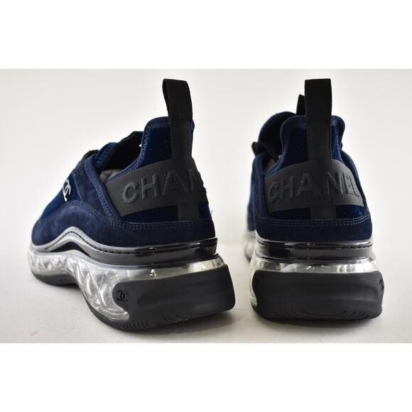 Chanel 20A Mens Blue Velvet Black CC Logo Lace Up Low Top Trainer Sneaker 44 11 - Picture 12 of 13